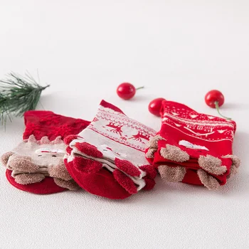 3 пары Зимних Толстых Хлопчатобумажных Рождественских Носков, Женские Теплые Носки с Рисунком Лося, Повседневные Вязаные Носки Средней Длины