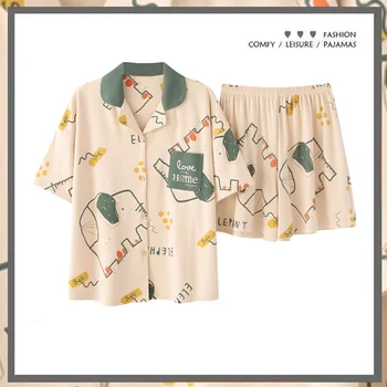 2022 Ночная рубашка из 2 предметов, Весенне-летняя Пижама, Женская Домашняя одежда С Отворотом, V-Образный Вырез, Шорты с коротким рукавом, Одежда для отдыха из двух частей, Пижама Mujer