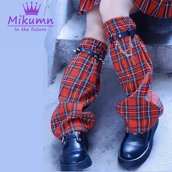 Японские Металлические заклепки в стиле Харадзюку с перекрестной цепочкой для девочек, Винтажные красные клетчатые гетры, Женская уличная одежда в стиле панк, модный чехол для ног