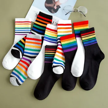 Модные носки из хлопка в радужную полоску, подарок, классические теплые повседневные носки в стиле Харадзюку, забавные милые корейские носки в стиле поп-музыки для женщин